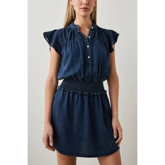 Rails Amina Denim Mini Dress Tencel Dark Wash Smocked Waist L NWOT. Retail $210 - Picture 2 of 11